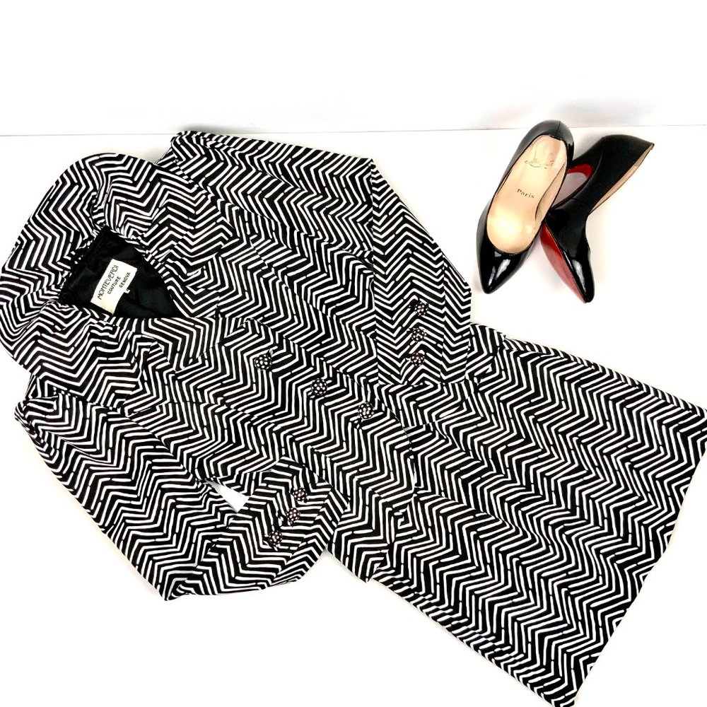 Vintage Monteverdi Couture Genova Luxury Silk Black & White Shevron Suit Sz 4 -2 - Picture 4 of 16